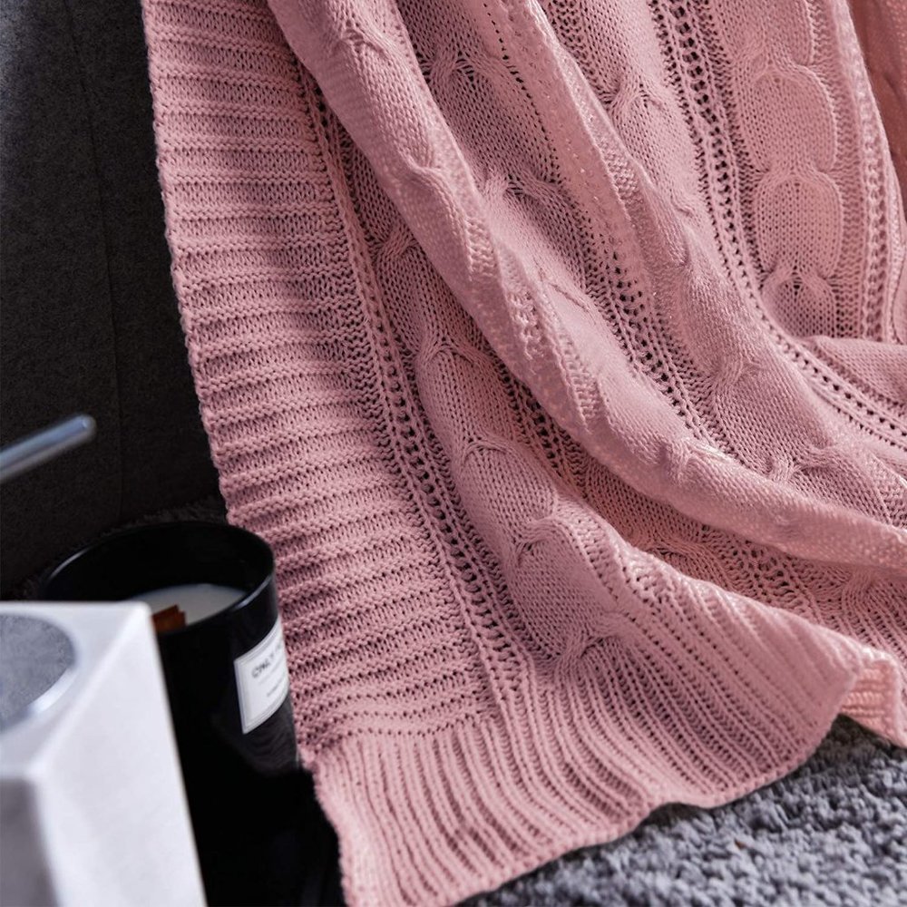 Pink Cozy Knit Cable Knit Weave Pattern Decorative Bed Warm Accent Couch Blanket - Picture 4 of 8